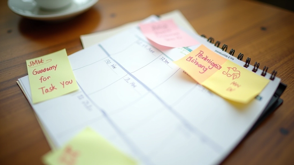 Close-up of calendar with three dates circled in red marker, sticky notes with milestone descriptions placed nearby on wooden desk