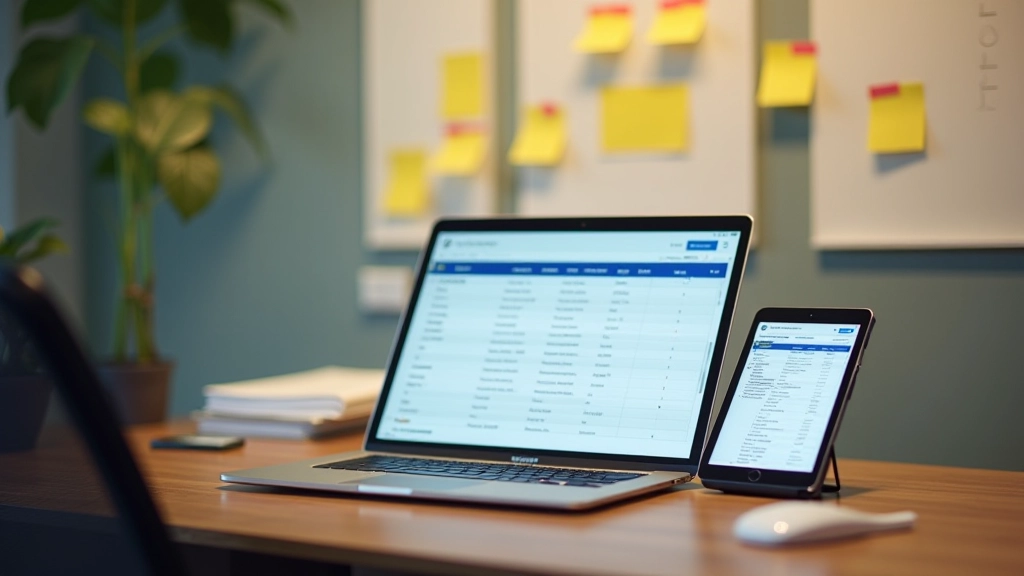 Three different task tracking methods displayed side by side on desk: spreadsheet on laptop, project management app on tablet, and sticky notes on wall
