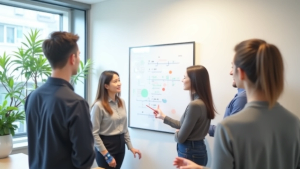 Team members collaborating at whiteboard with sprint timeline sketched out