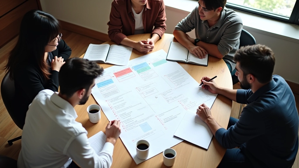 Team gathered around table during sprint planning meeting with printed roadmap and discussion