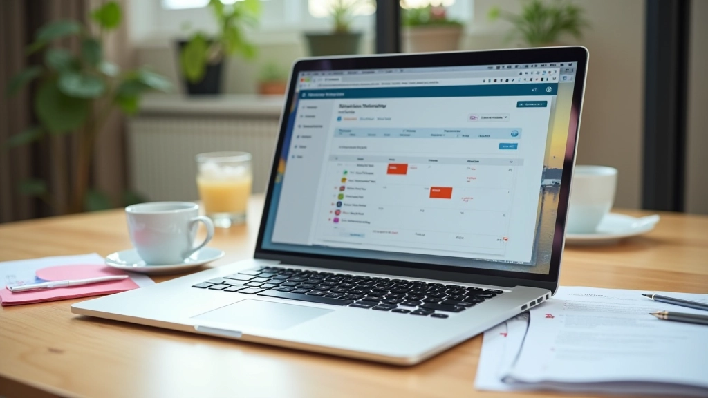Laptop displaying project planning dashboard with sticky notes and calendar on wooden desk